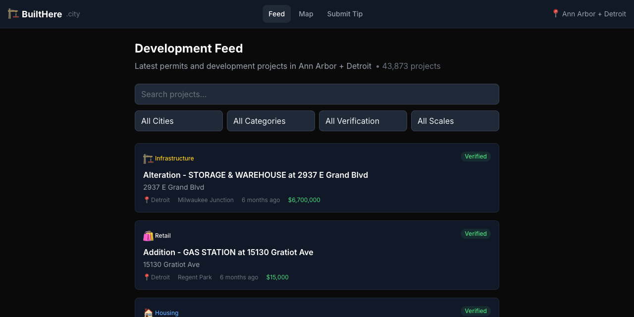 BuiltHere.city development feed showing search filters and verified construction projects