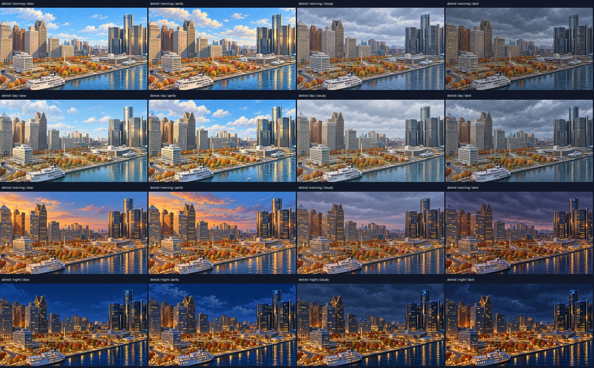 Illustrated Detroit fall scene across four times of day and four weather conditions