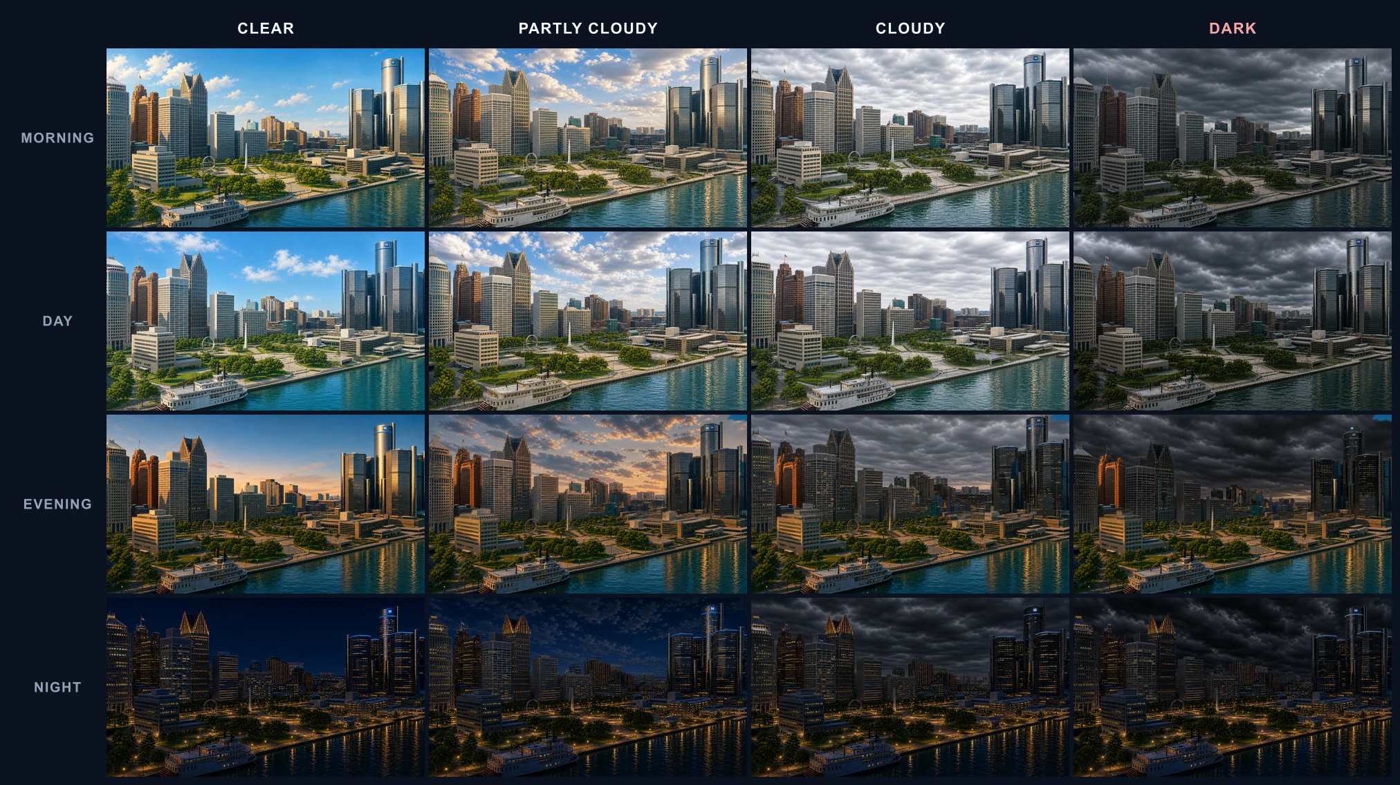 Detroit scene variants across four times of day and four weather conditions