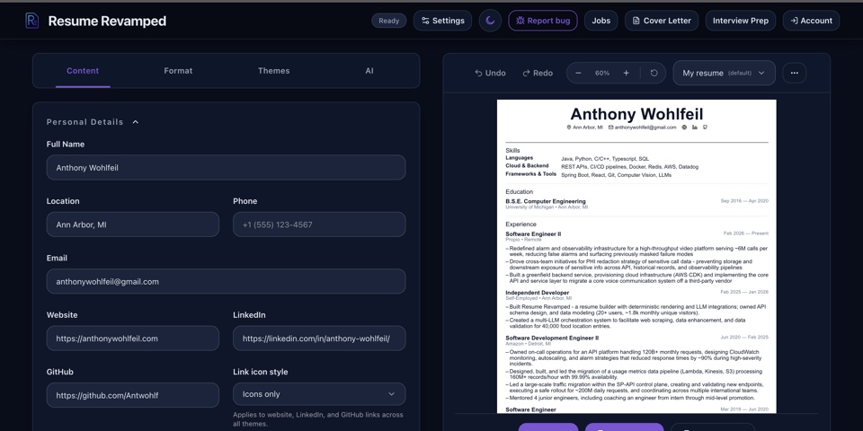 Resume Revamped builder interface